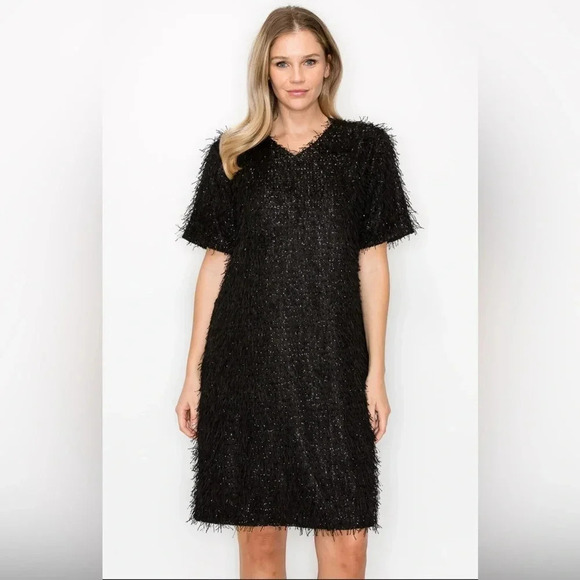 Joh Apparel Winna Sparkling Feathered Eyelash Dress NWT Size Small Black Fringe - Picture 2 of 10
